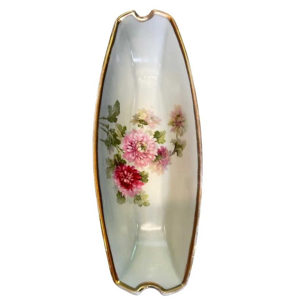 Prince Regent China LDBC Germany Celery Dish Floral Pink Mums Gilt Scalloped Rim